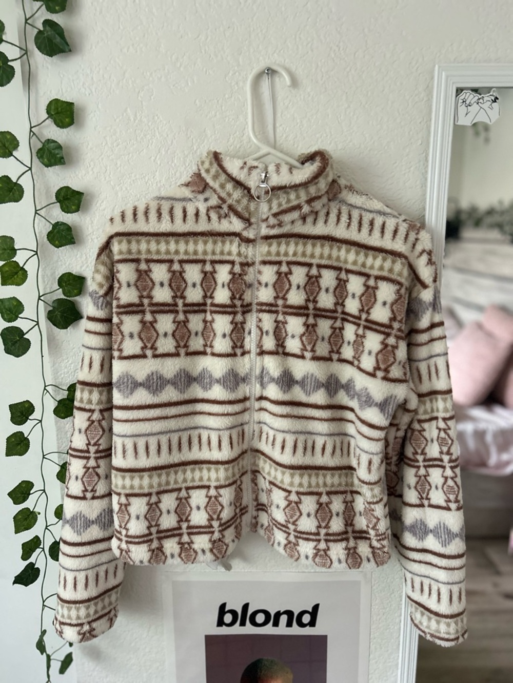 Neutral Cream & Brown Patterned Zip-Up Turtleneck Sweater Jacket